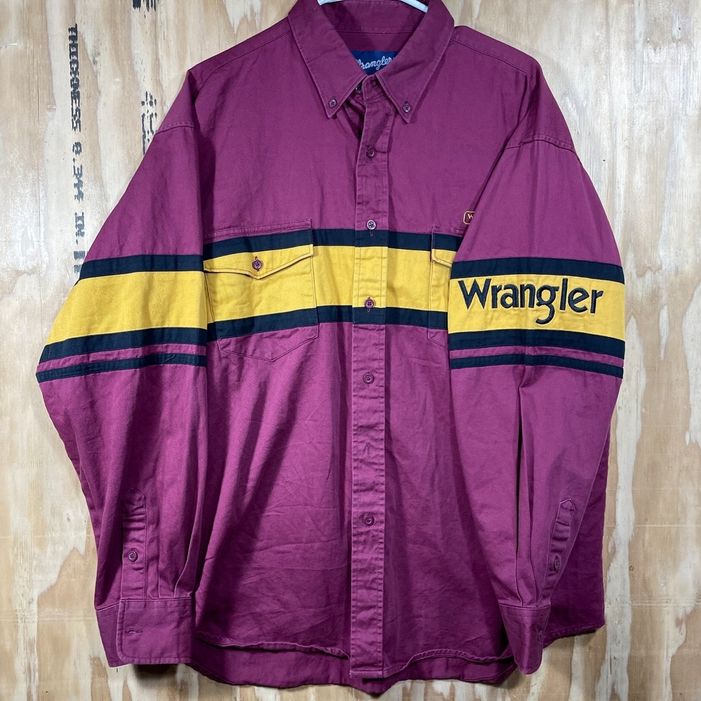 Wrangler Western Shirt Mens XL Spellout Maroon Yellow Long Sleeve Button Down